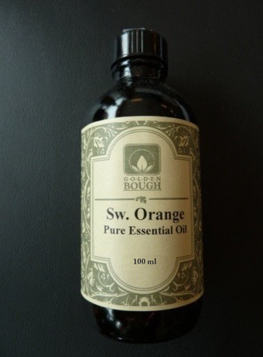 pure natural sweet orange essential oil in brown glass container, 100 ml