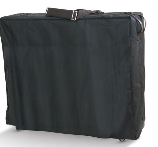 Black massage table carry bag with wheels and single pocket.