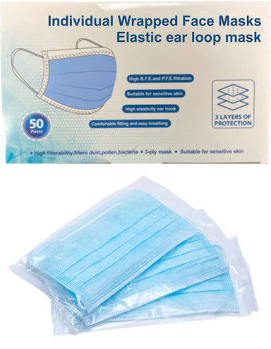 Masks: Individual Wrapped, 3-ply Elastic Ear Loop Face Mask (50pc/box)