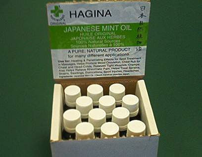 Box of 12 Japanese mint oil made from pure ingredients, by Hagina - 20mls each bottle in the box.