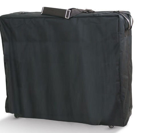 Black massage table carry bag with wheels and single pocket. 